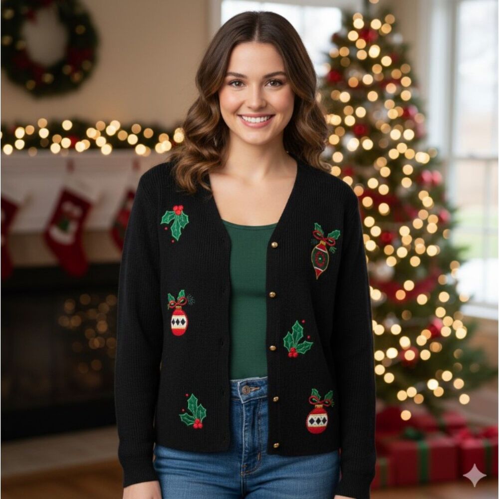 Vintage Crystal Kobe Black Christmas Cardigan Holiday Ornament Sweater Sz M